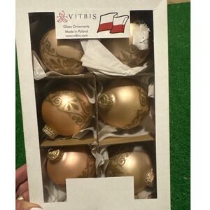 Vitbis Handmade Glass Ornaments Set‎ 6 Gold Swirl Christmas Decor Made in Poland